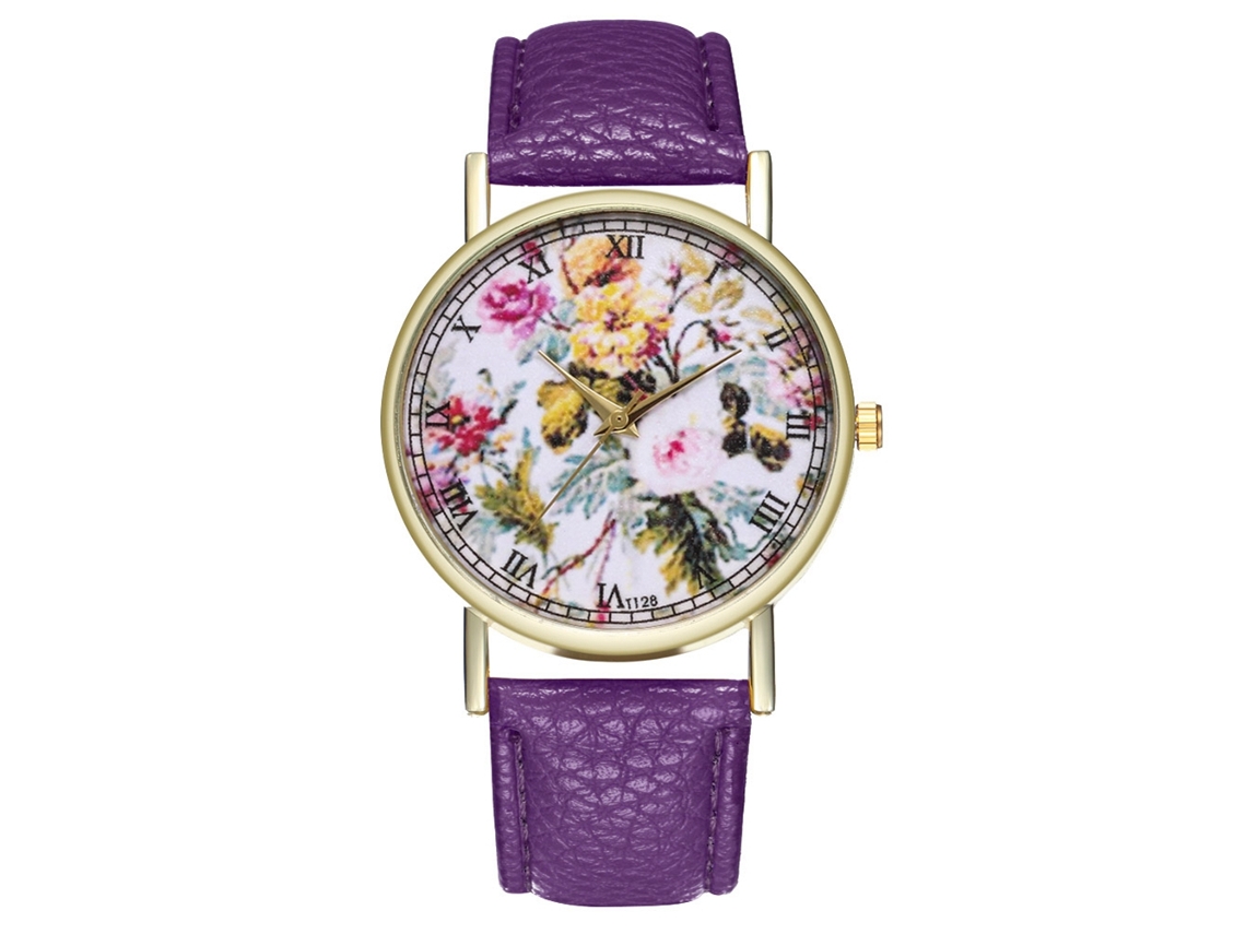Reloj De Pulsera De Cuarzo Para Mujer Con Correa De Piel Sintética, Estilo Sencillo Y Estampado Floral Morado.
