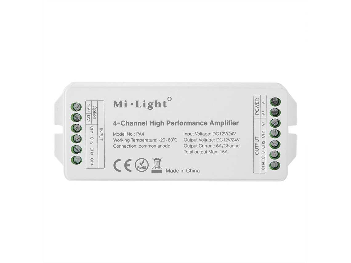 Amplificador de alto rendimiento Milight de 4 canales (12/24 V) para controlador de tira LED CCT RGB RGBW