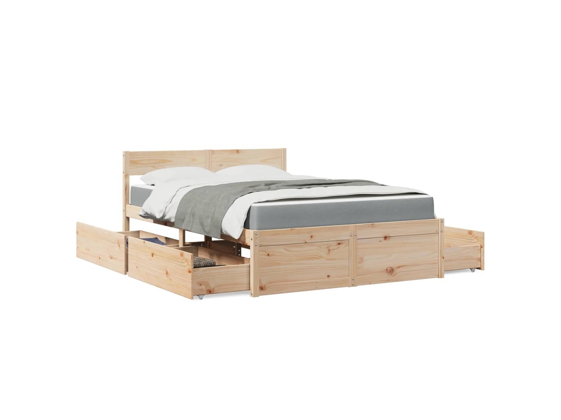 Cama Con Cajones Y Colchón Madera Maciza De Pino 140x190 Cm