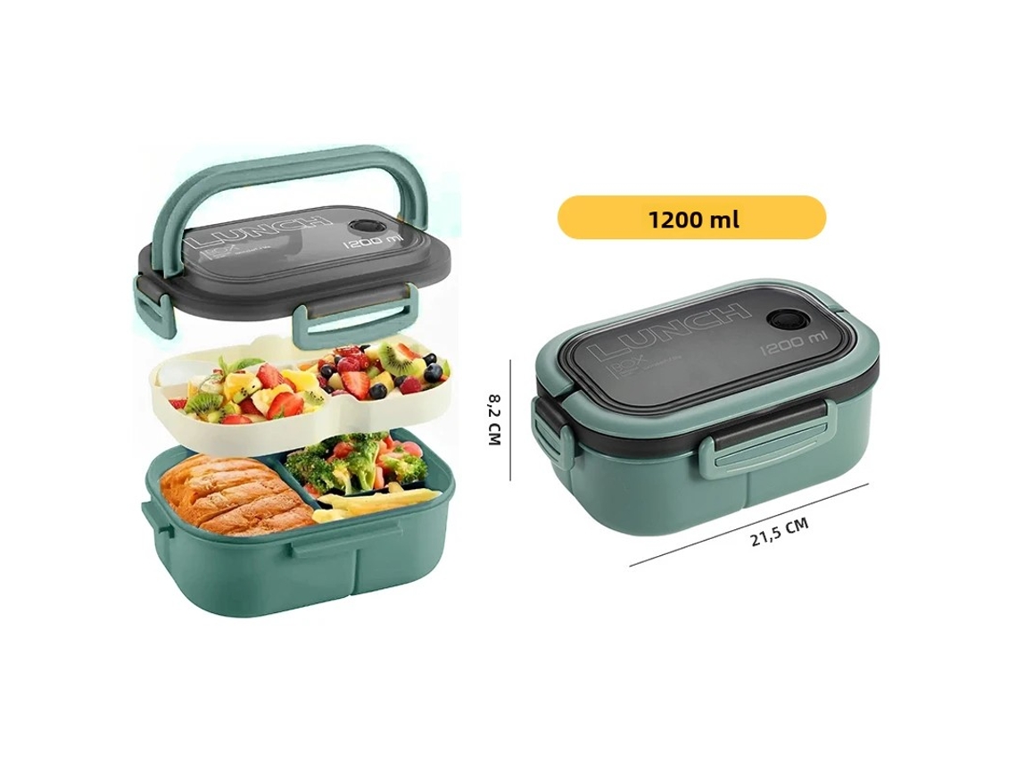 Fiambrera de doble capa (verde) con bolsa térmica, fabricada en plástico ecológico apto para microondas.