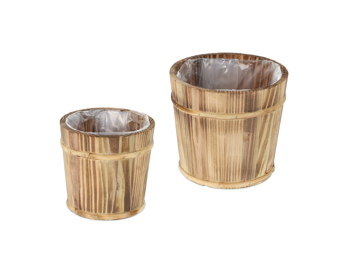 Relaxdays Pack Macetas De Madera, 2 Tamaños, Tiestos Flores, Ø24 Y 19cm, Interior Y Exterior, Forro De Plástico, Natural