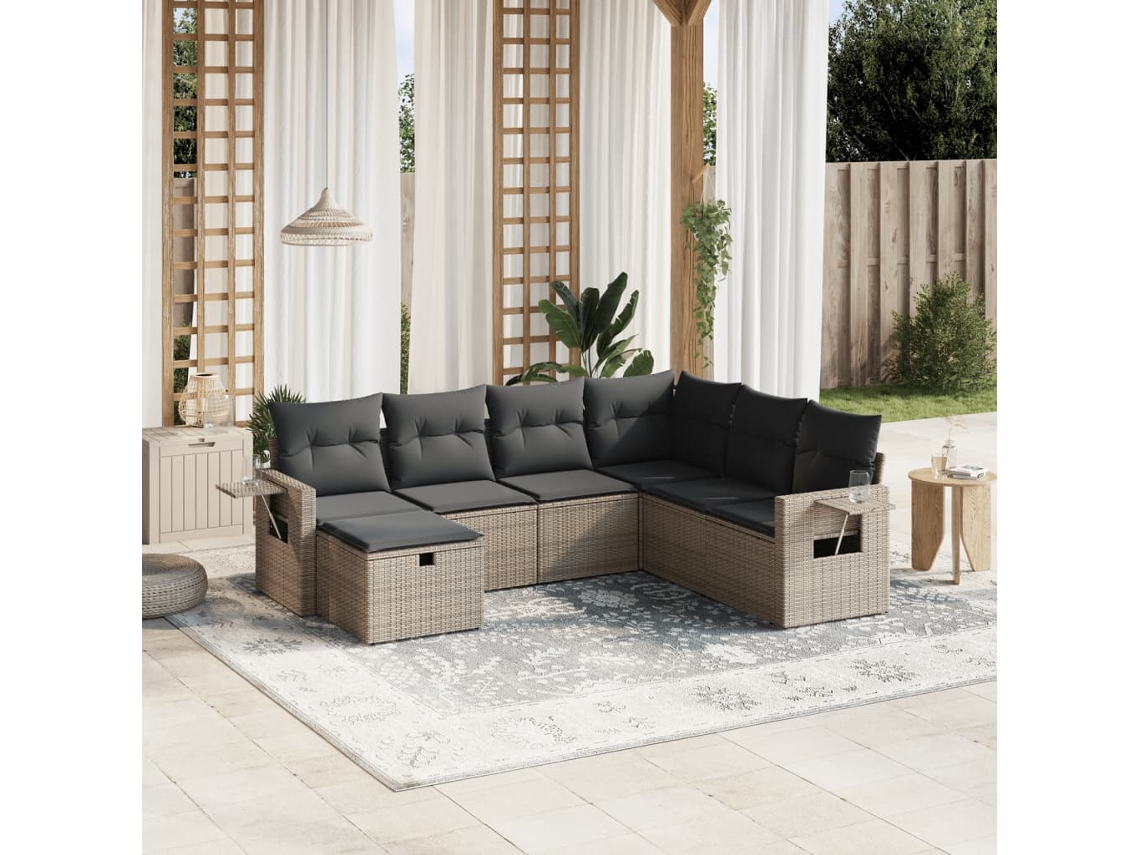 Conjunto de sofá de jardín de 7 piezas con cojines, mimbre gris, DKD Home Decor