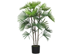 Planta artificial de interior de 90 cm, palmera artificial con maceta de plástico y revestimiento aterciopelado, color verde.