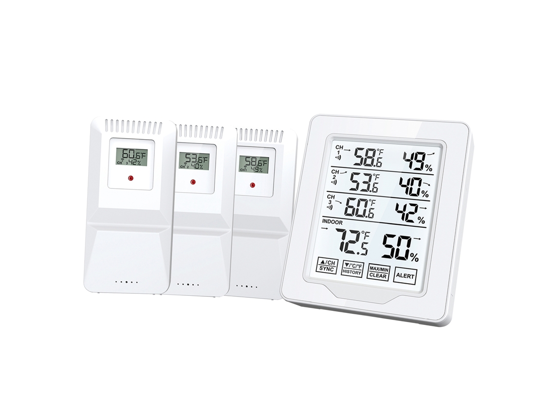 Termómetro Y Medidor De Humedad Para Interiores Y Exteriores Con 3 Sensores Remotos, Alcance De 150 M, Pantalla Lcd Con Retroiluminación Blanca.