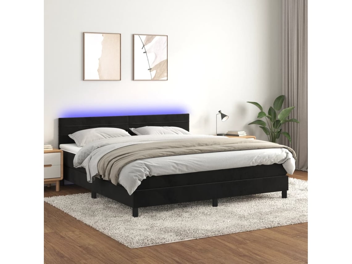 Cama Box Spring Colchón Y Led Terciopelo Negro 160x200 Cm