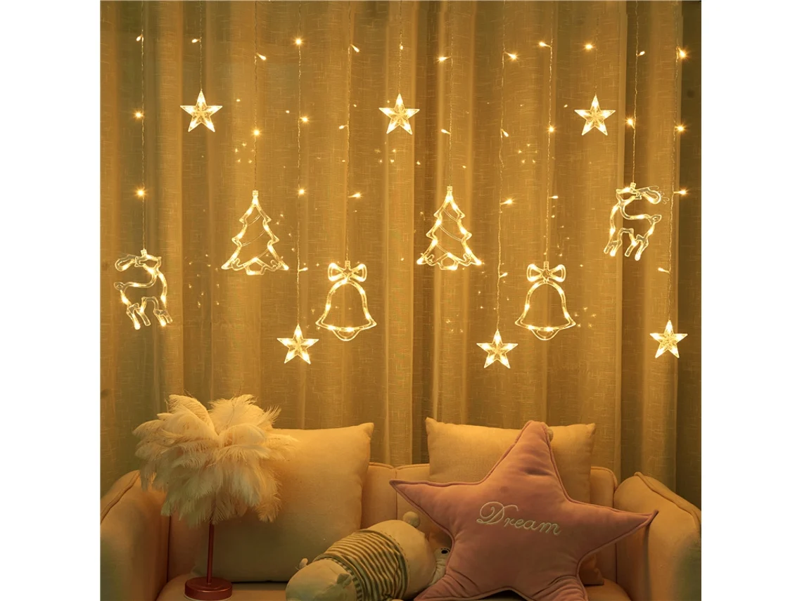 Cortina de luces navideñas con 120 LED y control remoto, luz blanca cálida (c)