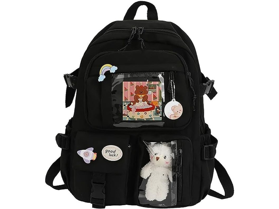 2026-mochila Grande Con Pin Kawaii Y Accesorios Oso, Multi Bolsillos, Material Duradero (negro)