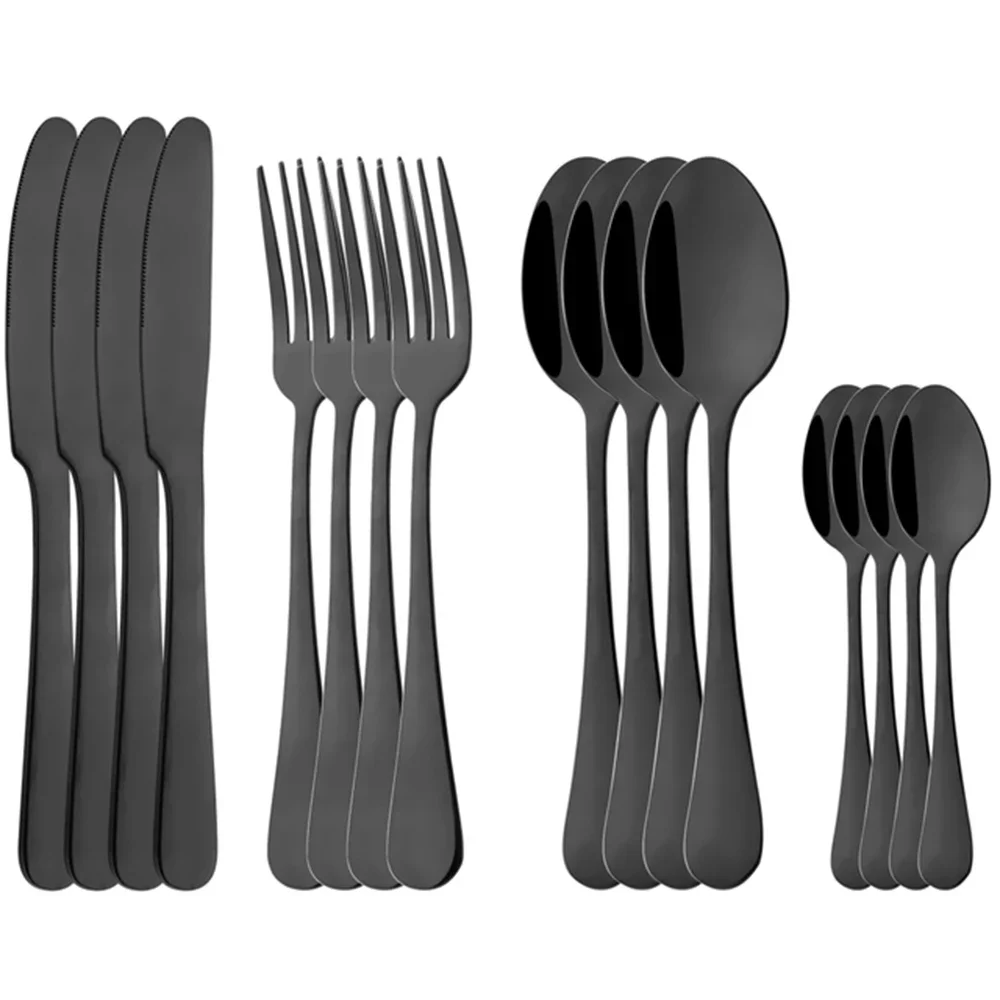 (negro, Juego De 16 Piezas) Cubiertos De Acero Inoxidable Pulidos A Espejo, Incluye Cuchillo, Tenedor Y Cuchara.