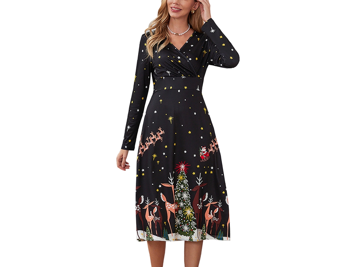 Kkpm-vestido Largo De Navidad Para Mujer Con Estampado, Cuello En V, Mangas Largas Y Ceñido A La Cintura Tipo D M Negro