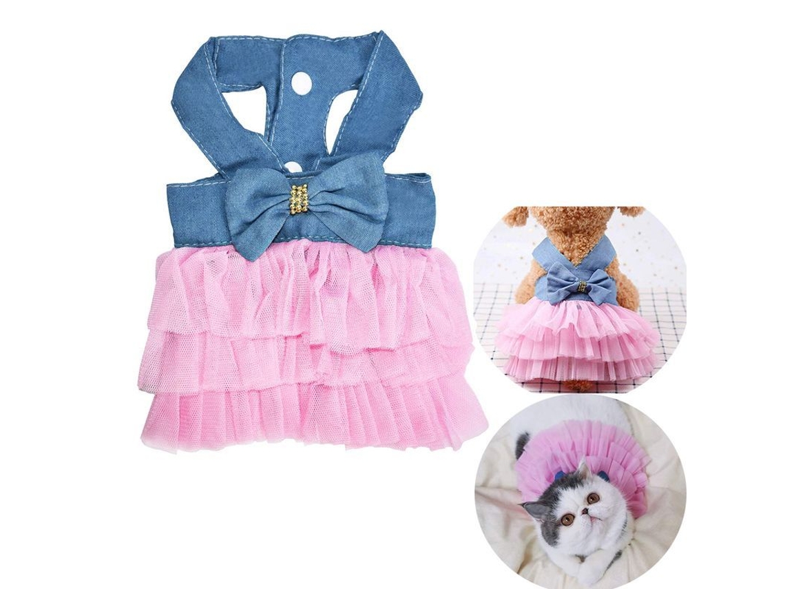 Vestido Linjou para perros y gatos con lazo, rayas, tejido de punto de algodón transpirable, talla S, rosa vaquero.