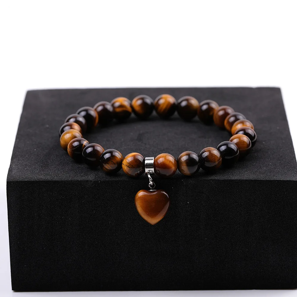 Pulsera Con Colgante De Corazón De Cuarzo Rosa (ojo De Tigre) Para Mujer, Piedra Preciosa Natural.