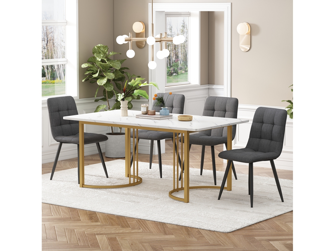 Mesa de 140 cm con 4 sillas, lino gris oscuro con acabado dorado.