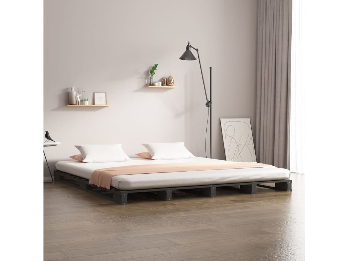 Cama De Palets De Madera Maciza De Pino Gris 140x190 Cm