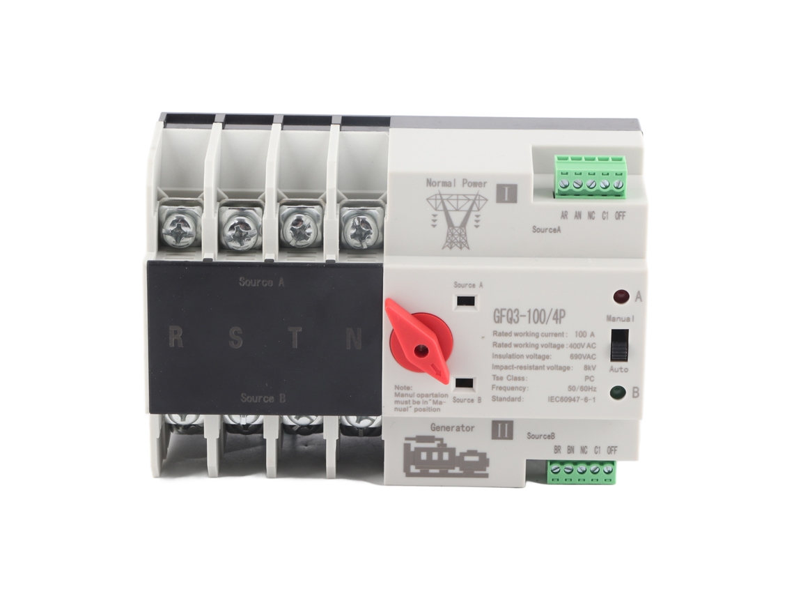 Chave de comutação automática de 4 polos para geradores de dupla alimentação AC400V com comutação em milissegundos.
