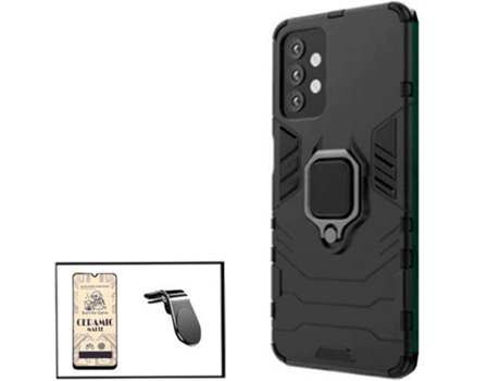 Kit Cristal Templado CeramicGlass Full Cover, Funda 3x1 Miltary Defender y Soporte Magnético L Safe Driving Coche Samsung Galaxy M32 5G PHONECARE N...