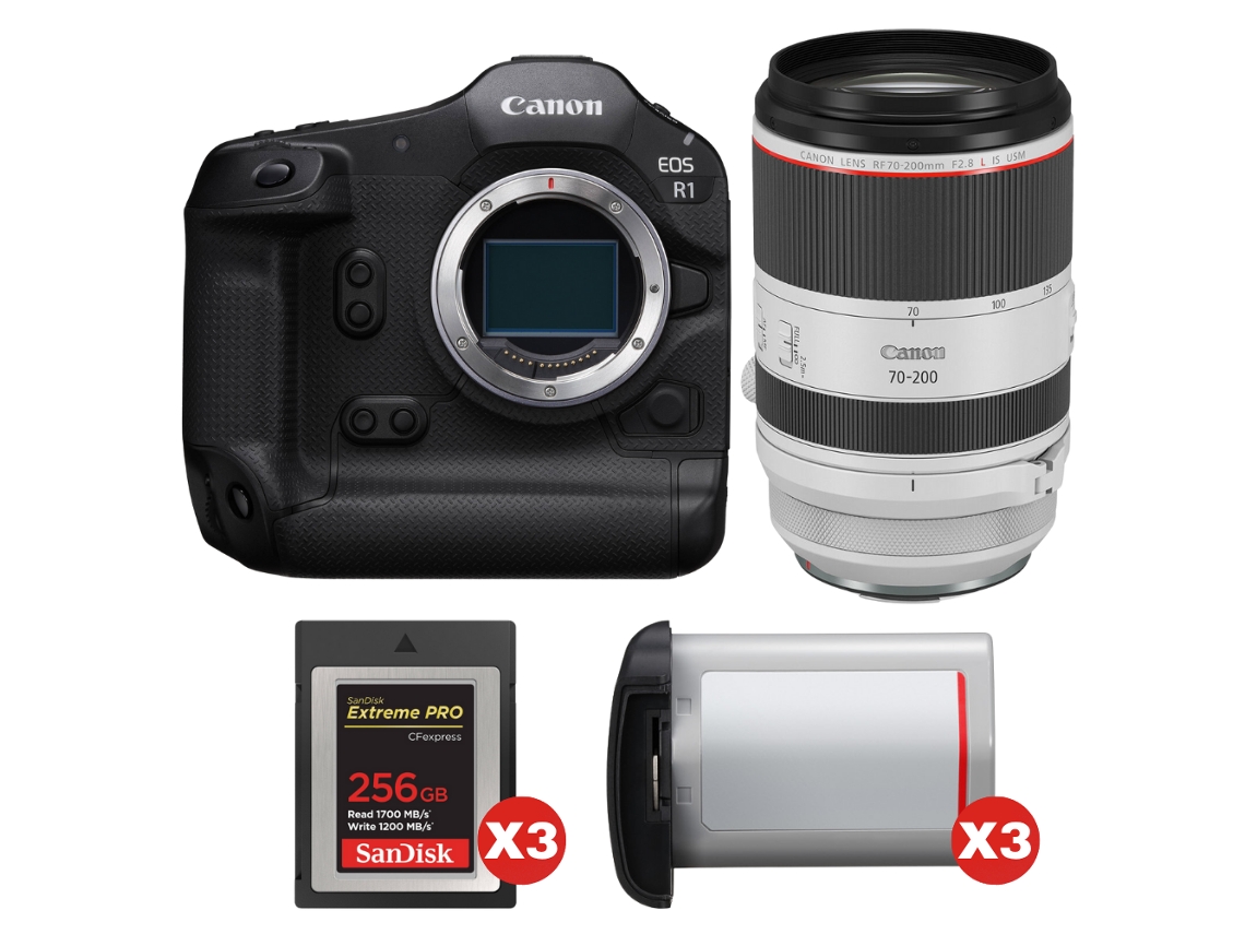 Canon Eos R1 + Rf 70-200mm F/2.8 L Is Usm + 3 Sandisk 256gb Extreme Pro Cfexpress Type B + 3 Canon Lp-e19 + Ebook Pricedirect