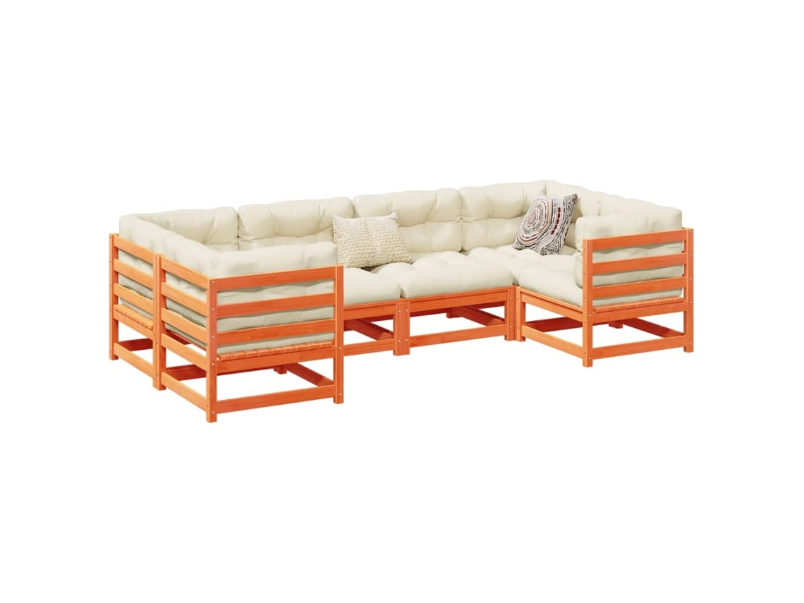 Conjunto de sofá de jardín de 6 piezas con cojines en pino macizo y cera marrón DKD Home Decor