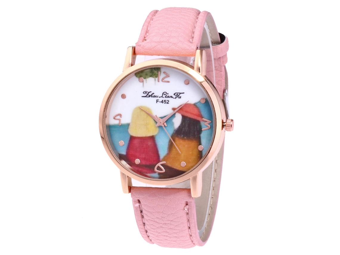 Reloj De Pulsera Para Parejas Zhoulianfa Con Correa De Cuero Sintético Con Estampado De Dibujos Animados Rosas.