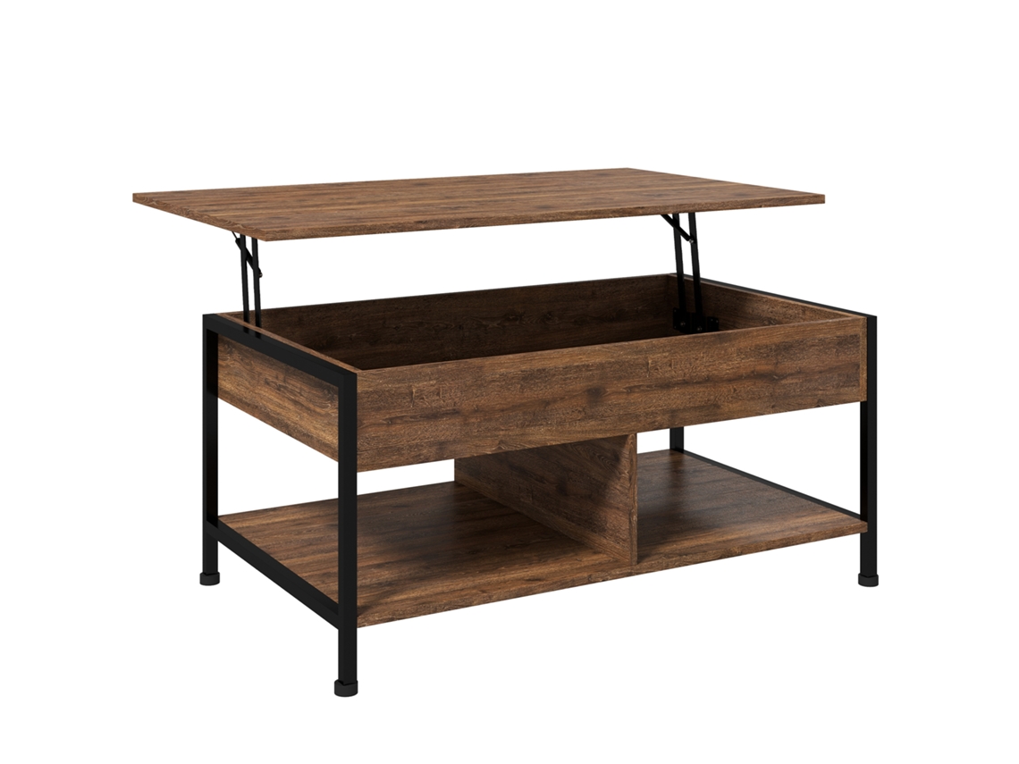 Mesa Centro Elevable Compartimento Oculto 2 Estantes 100x80x60 Cm