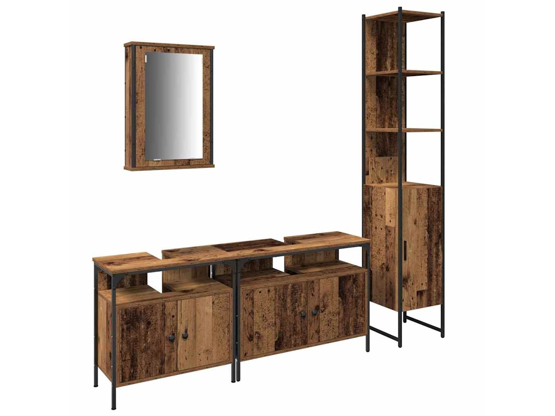 Juego de muebles de baño con puerta, 4 piezas, madera antigua.