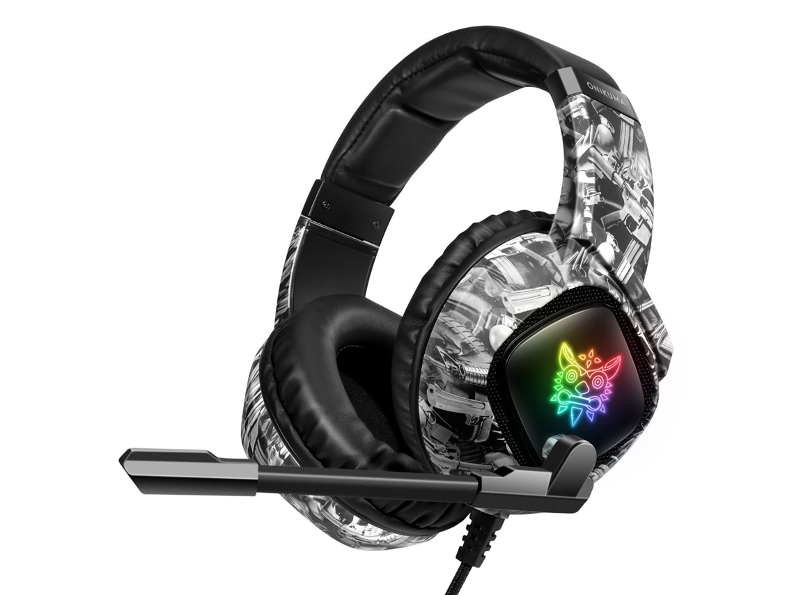 Auriculares para juegos K19 con iluminación RGB (camuflaje gris) con cable adaptador