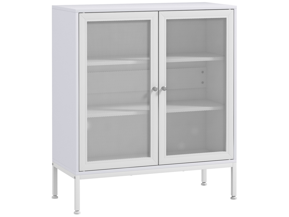 Aparador De Comedor Con Puertas De Malla Metálica Y Estantes Ajustables, Blanco, 80x37x92