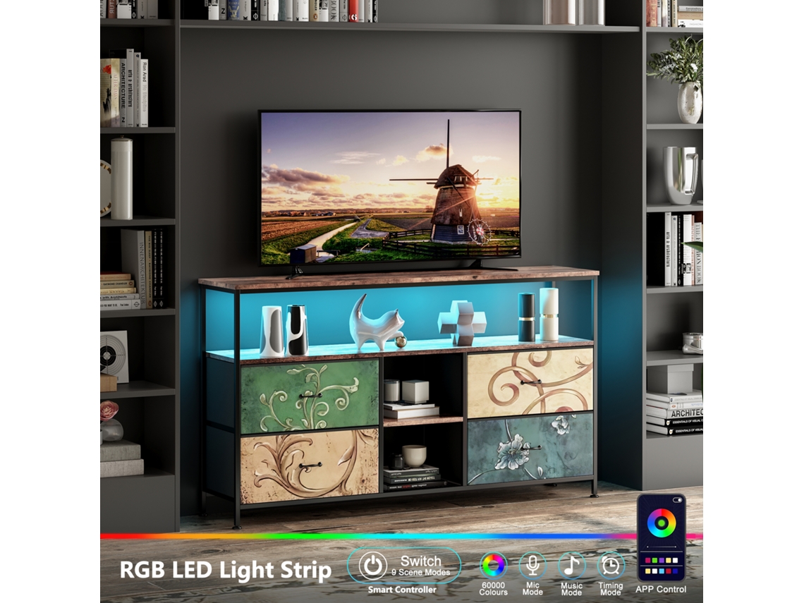 Mueble de TV con iluminación LED, 137x30x78cm, altura de mesa regulable, estructura de metal/cajones revestidos en tela de colores, estilo vintage, Rosahqnda