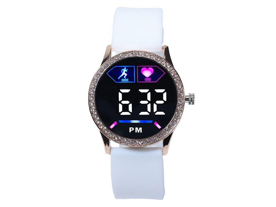 Reloj Digital Unisex Pareja Correa Silicona Ajustable Piedras Strass Pantalla Led Legible Blanco Blanco