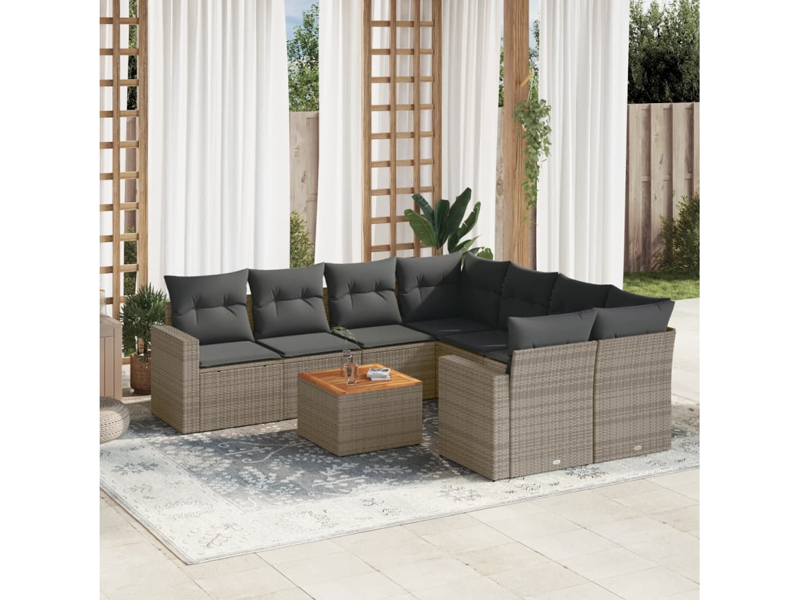 Conjunto de sofá de jardín de 9 piezas con cojines, mimbre gris, DKD Home Decor