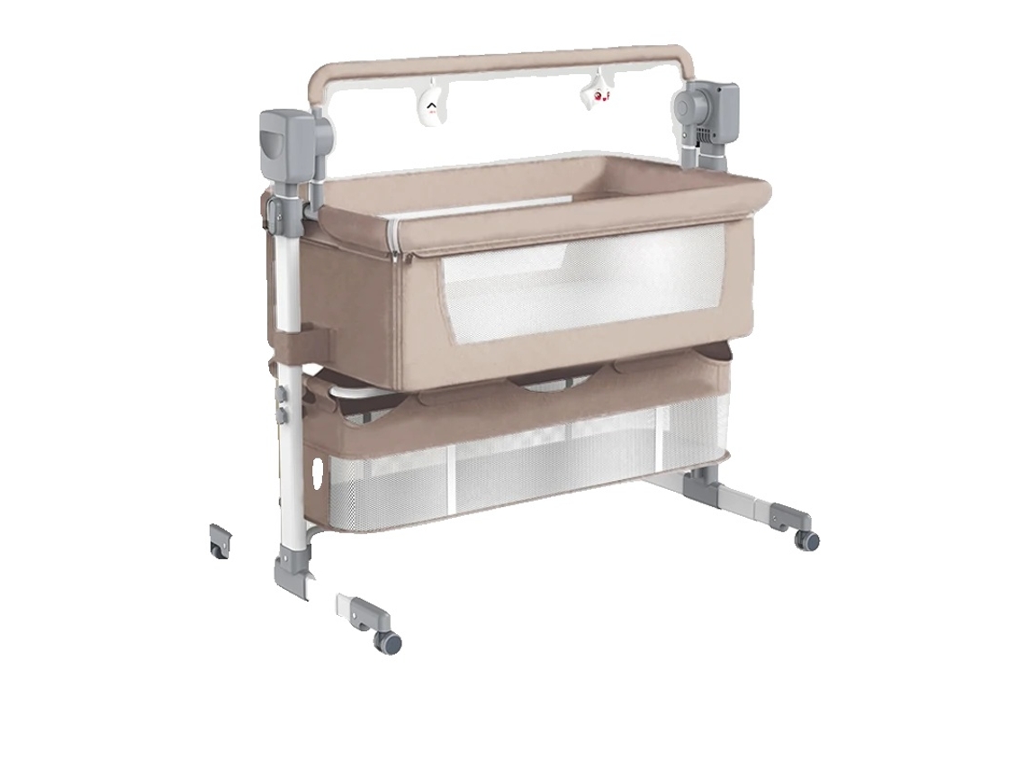 Cuna eléctrica portátil de altura ajustable, color beige.