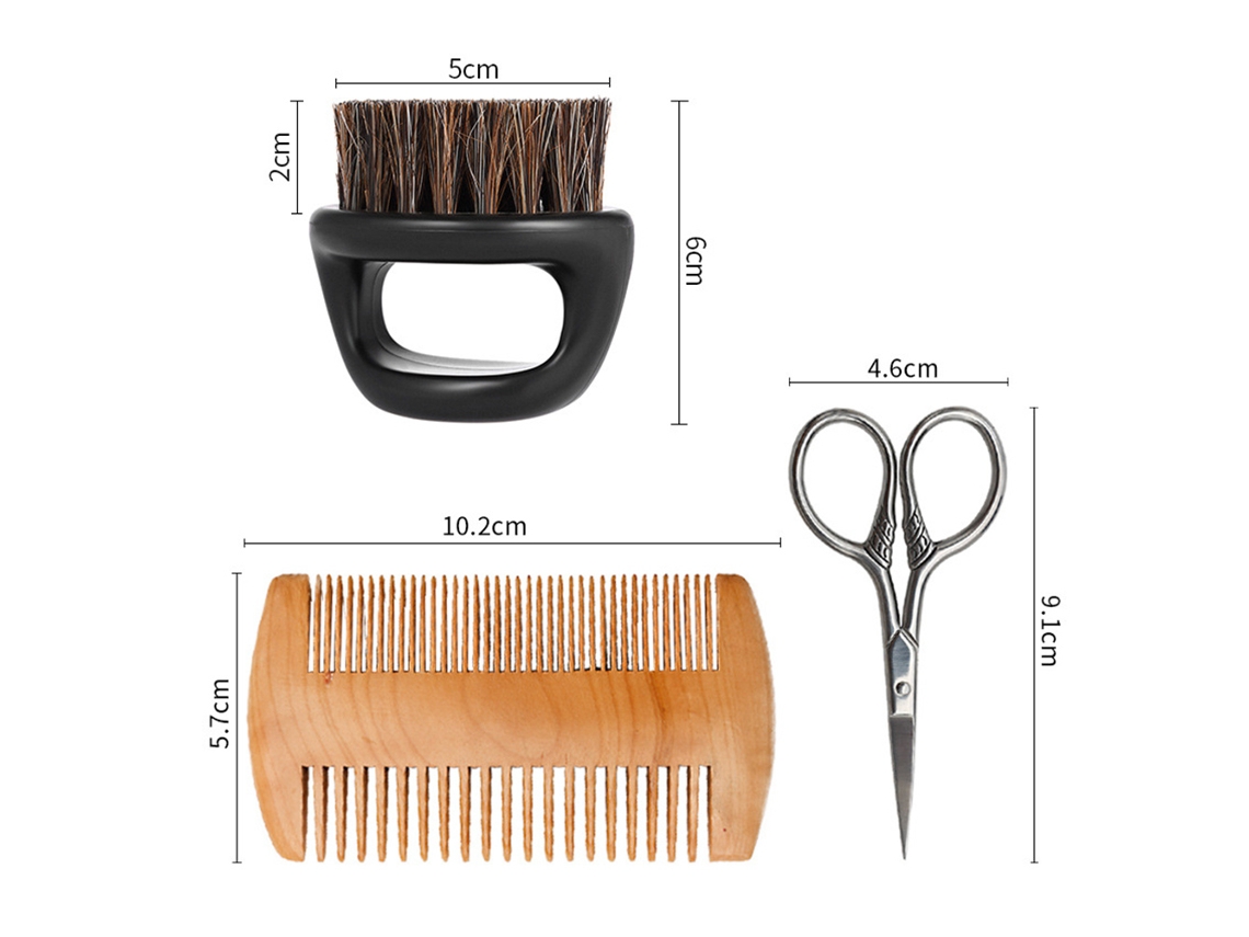 Conjunto De Escova E Pente Para Barba Com Cerdas De Javali Natural, Pente De Madeira E Tesoura Inox Para Grooming Masculino