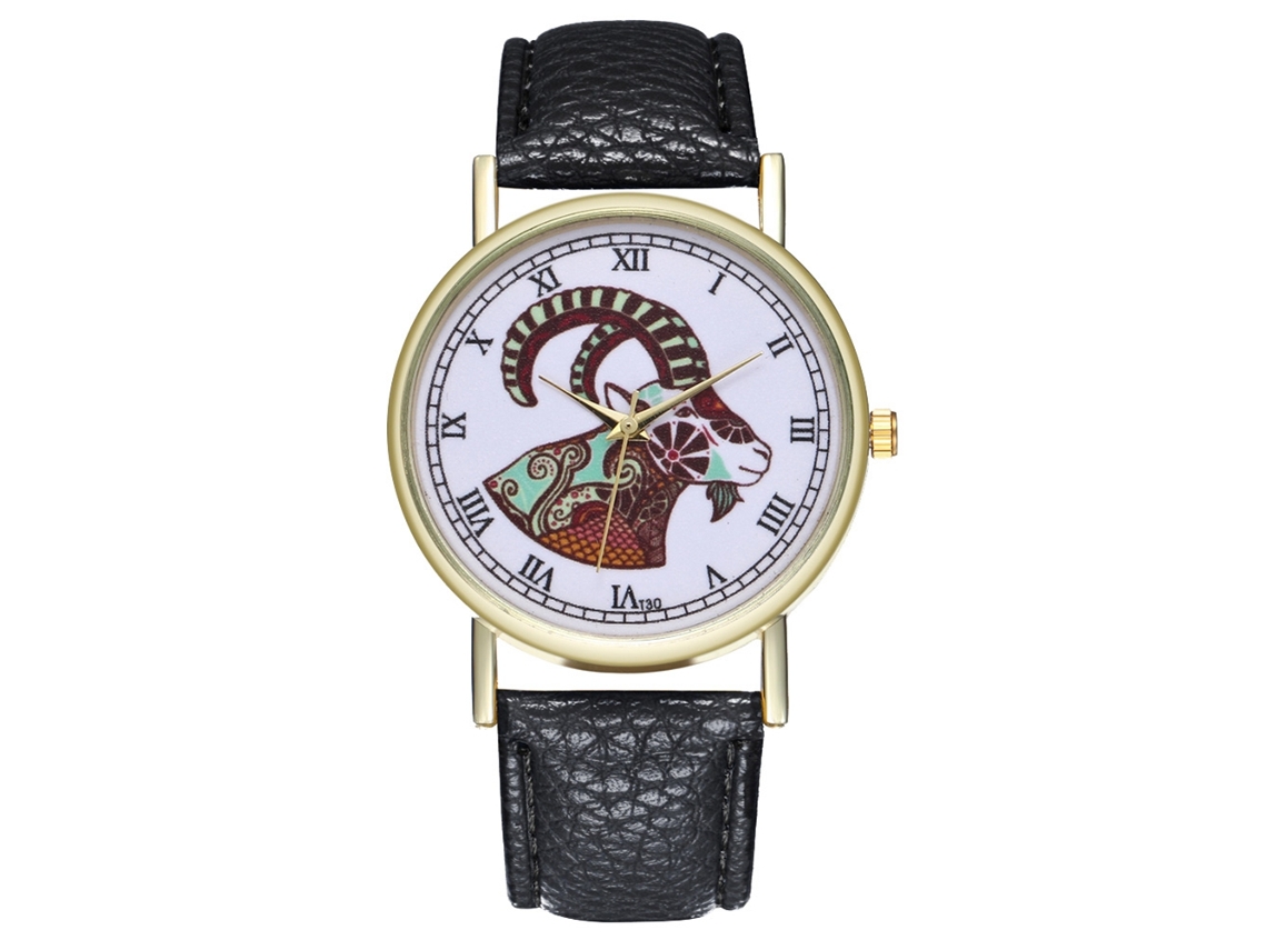 Reloj De Cuarzo Unisex Con Correa De Cuero Pu Moda Dial De Cabra Casual Negro