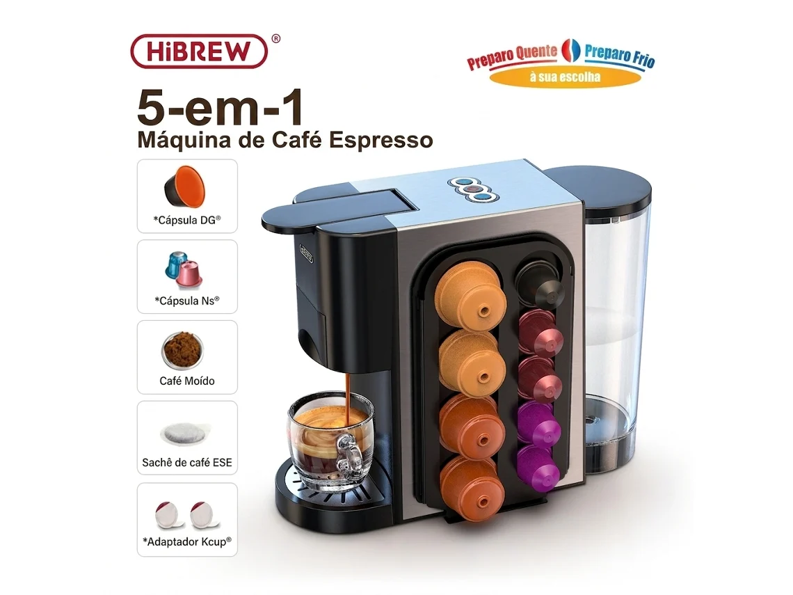 Cafetera multicápsula Hibrew H3a 5 en 1, 20 bares, compatible con Nespresso®, Kcup®, Dg®, café molido y Ese, calentamiento instantáneo de 92 a 94 °C, 800 ml.