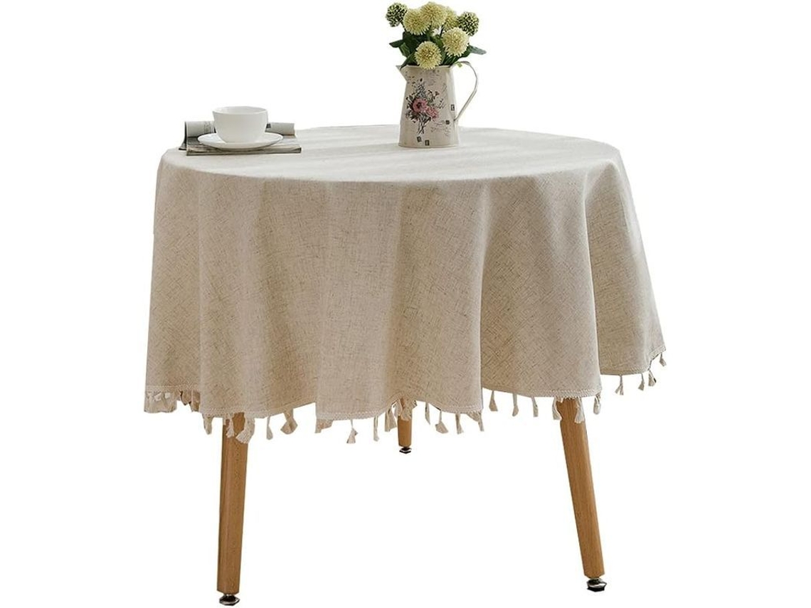 2026-manta Redonda De Mesa Con Borlas Decorativas De 60 Pulgadas, Beige, Material Poliéster Y Lino
