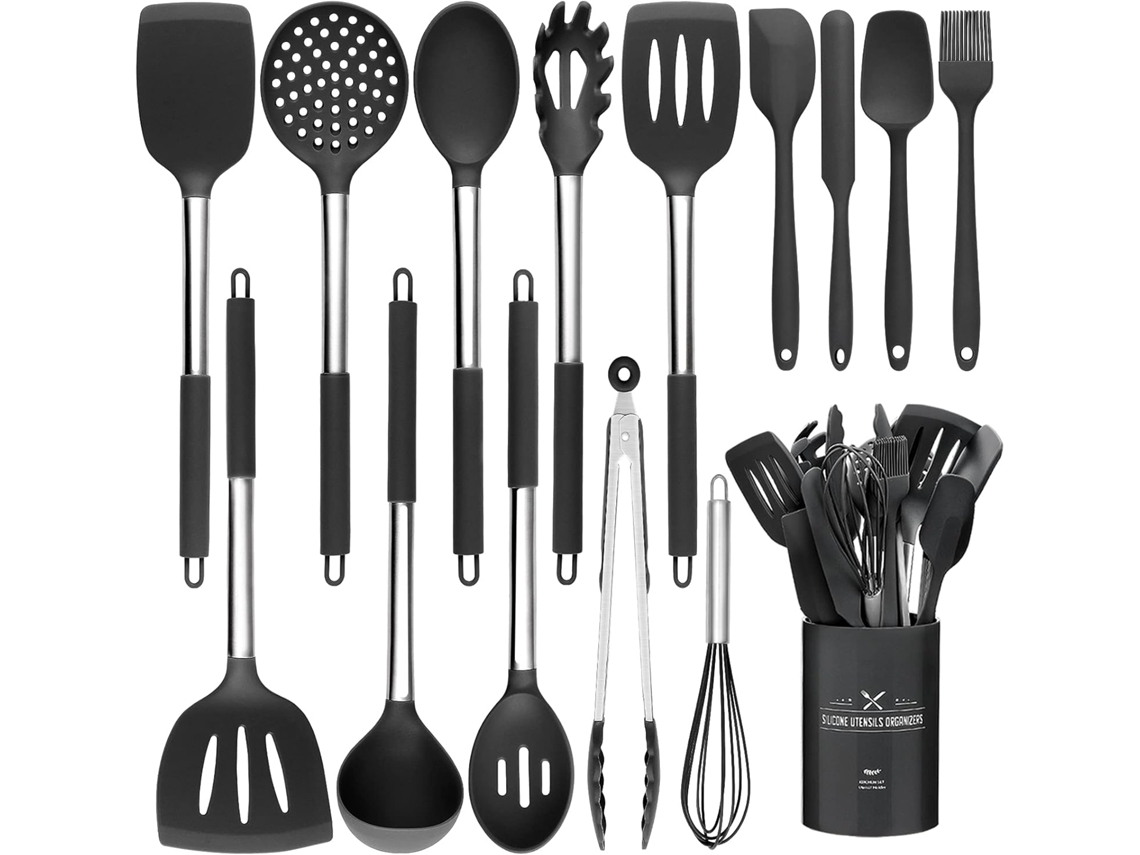 Conjunto de Utensílios Cozinha Silicone Resistentes Ao Calor com Alças Aço Inoxidável Premium para Cozinhar e Assar