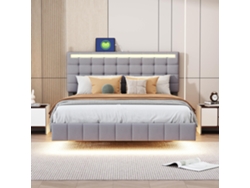 Cama Polster 140 X 200 Cm - Estructura Suspendida Con Led, Cabecero De Diseño - Gris