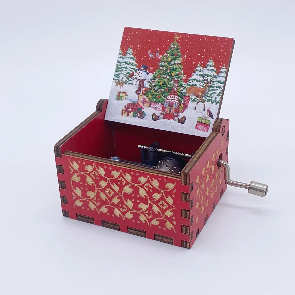 (estilo 34) Caja De Música Navideña Vintage Con Manivela, Exquisita Artesanía De Resina Y Madera Pintada A Mano.
