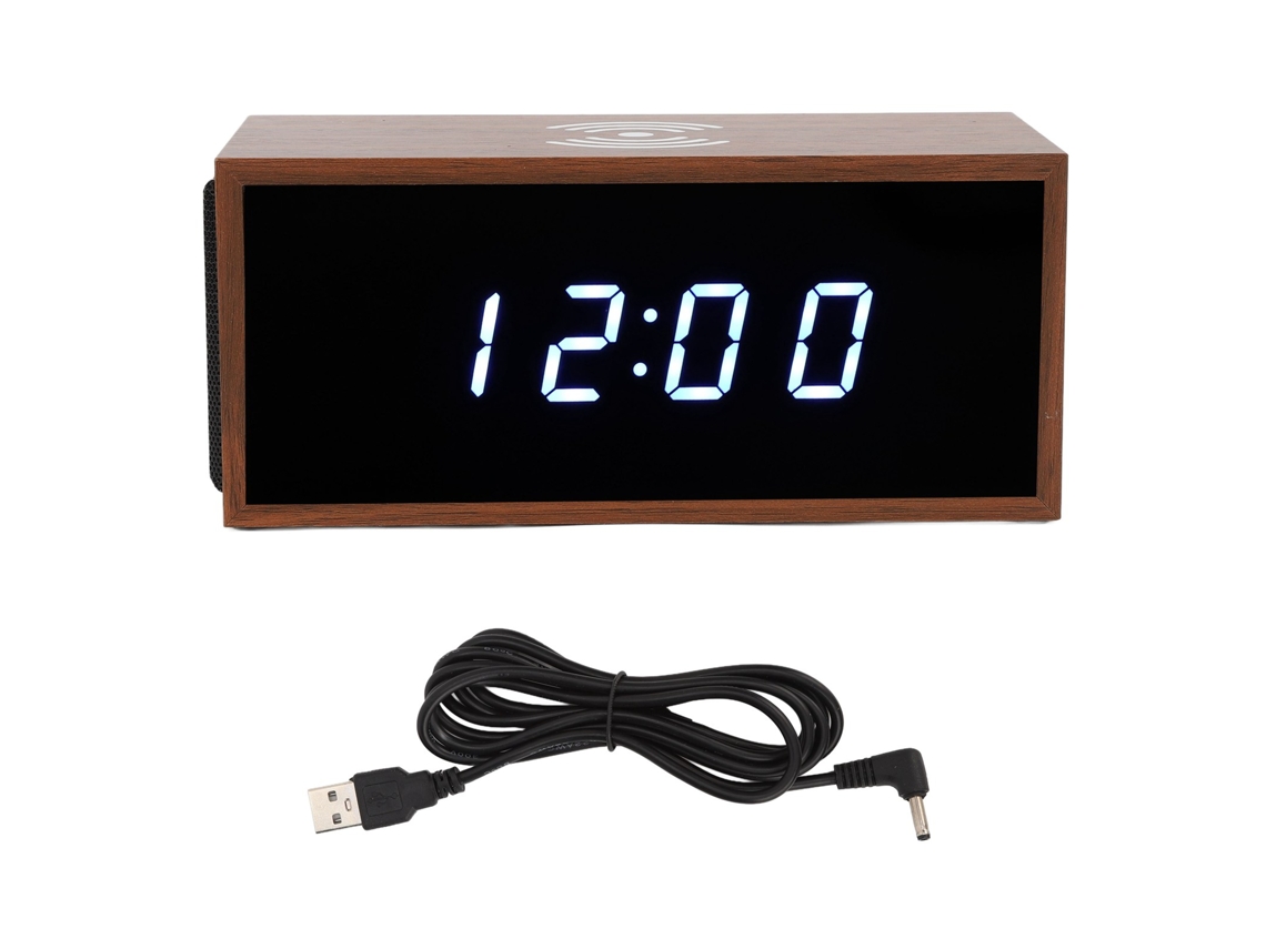 Reloj Despertador Digital Led Con Cargador Inalámbrico Y Altavoz Bluetooth, Mdf Pvc Marrón