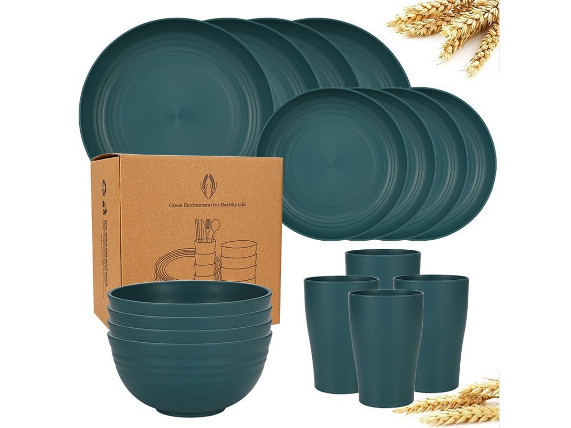 Vajilla De Paja De Trigo Para El Hogar De 16 Piezas, Platos Y Cuencos Reutilizables, Verde GERTIZ