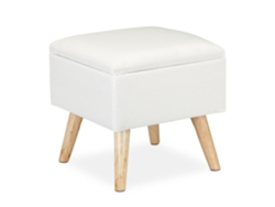 Relaxdays Taburete Bajo, Puff Asiento Almacenaje, Baúl Almacenamiento, 1 Ud., Madera-tela, 40 X 40 X 40 Cm, Blanco