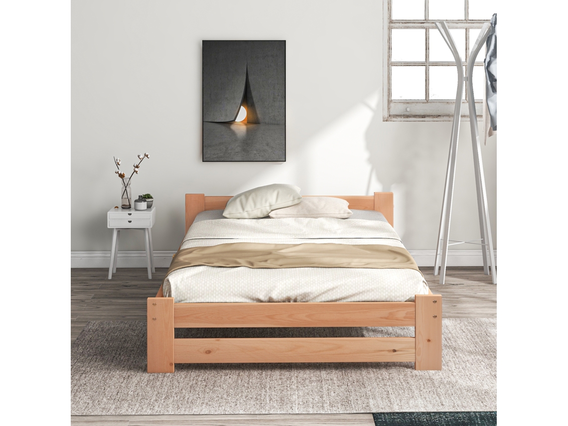 Cama individual de madera maciza de 90x200 cm con cabecero y somier de láminas naturales Mobrio