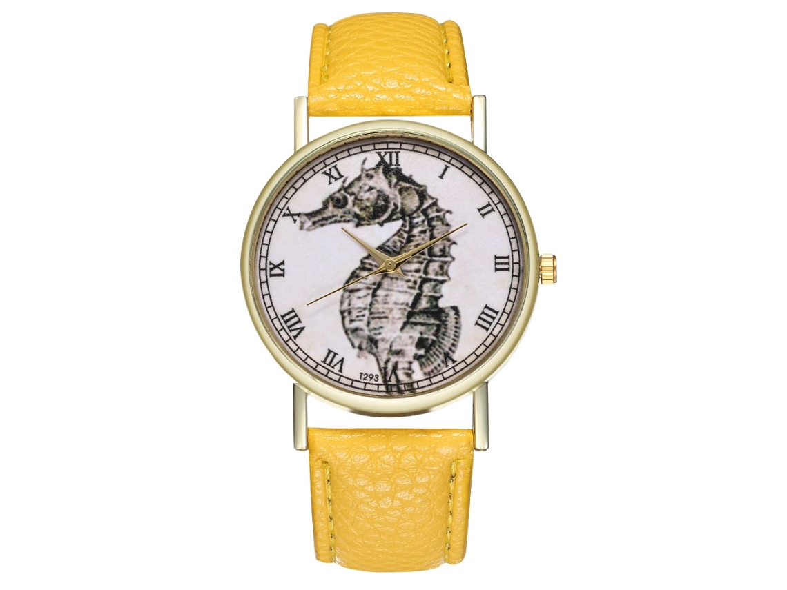 Reloj De Pulsera Analógico De Cuarzo Unisex Zhoulianfa Con Estampado De Caballito De Mar Amarillo.