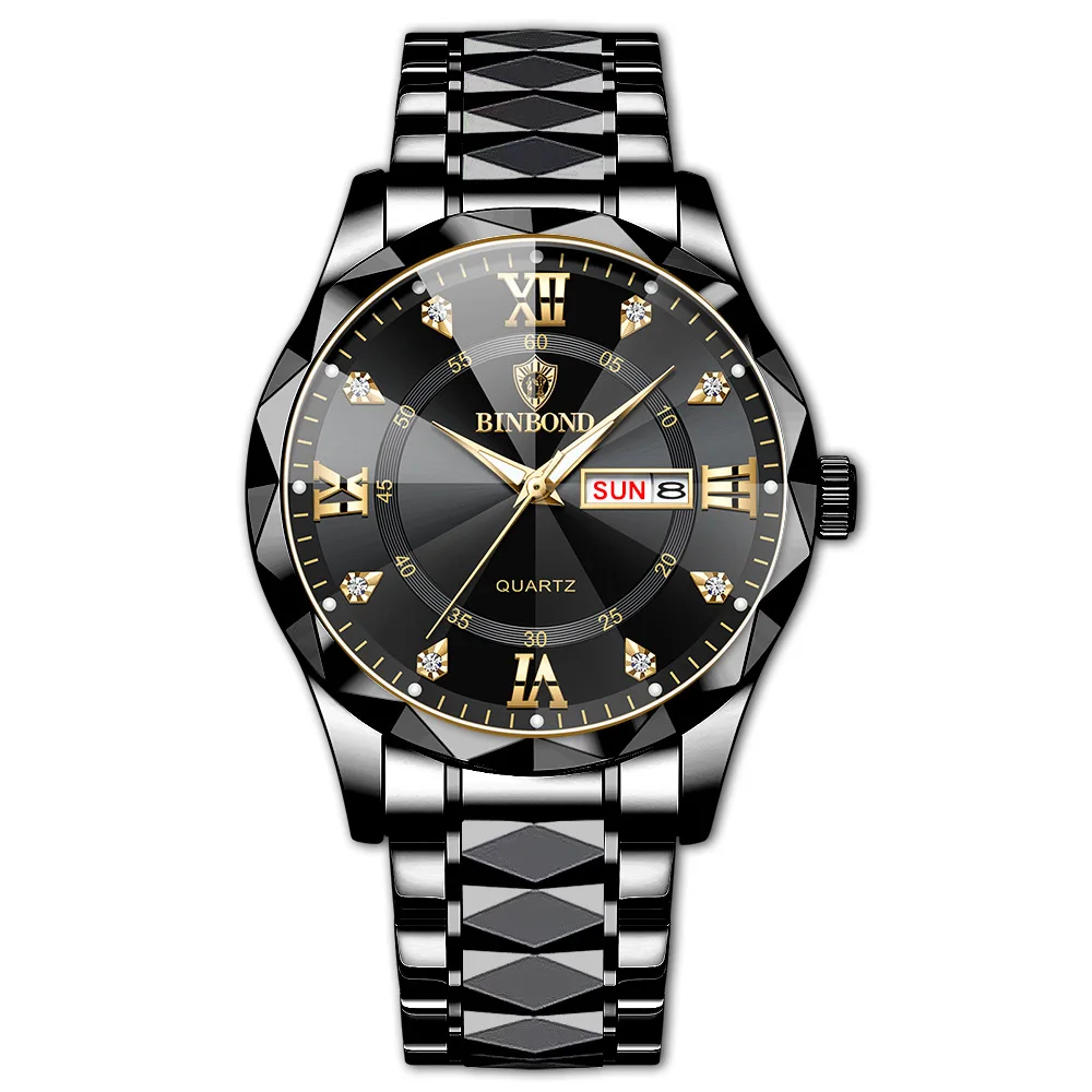 Reloj Deportivo Para Hombre, Resistente Al Agua, Con Indicador De Día Y Fecha (negro, Manecillas Doradas).
