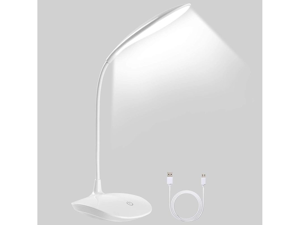 Lámpara de oficina LED con cable USB, 20 LED, 3 niveles de brillo, flexible 360°, 1200 mAh, control táctil, protección ocular.