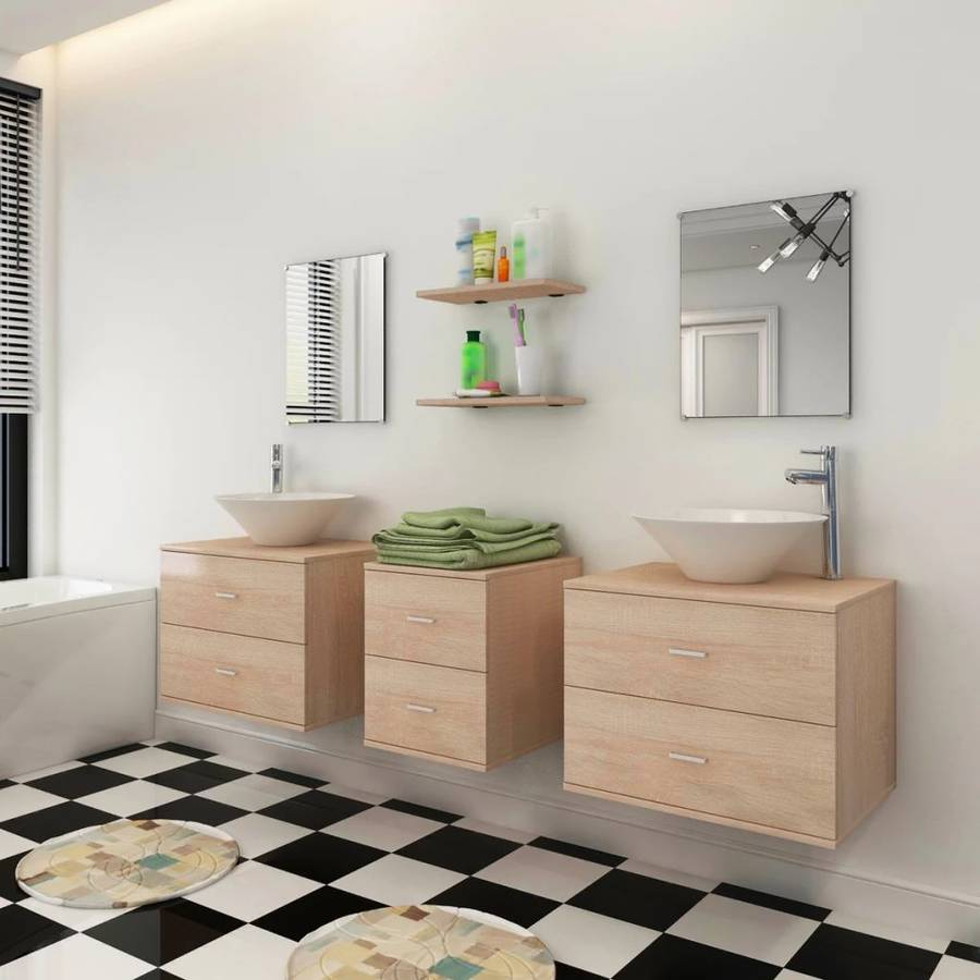 Vidaxl Set Muebles para lavabo y grifo incluido 9 unidades armarios almacenamiento ducha bañera mobiliario cajonera uds beis conjunto de modelo 3 beige madera aglomerada 150x45x45
