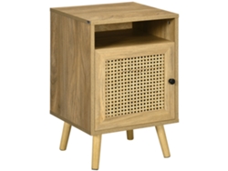 Mesita de noche con puerta de mimbre y nicho de madera natural.