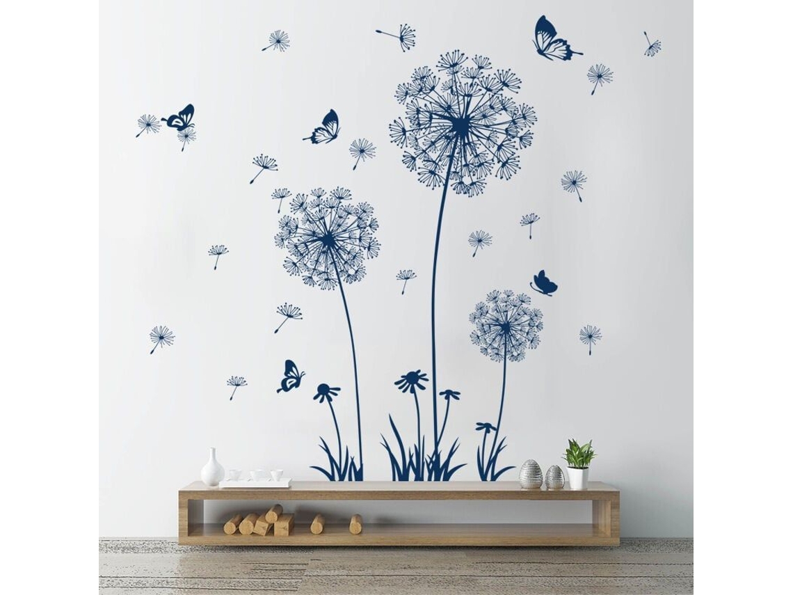 Pegatinas De Pared De Diente De León Azul Con Mariposas Y Flores Azules - Autoadhesivas Y Seguras Para Uso Doméstico.