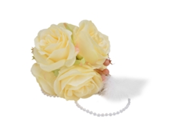 Bola de flores de rosa simulada con campana y pluma amarilla