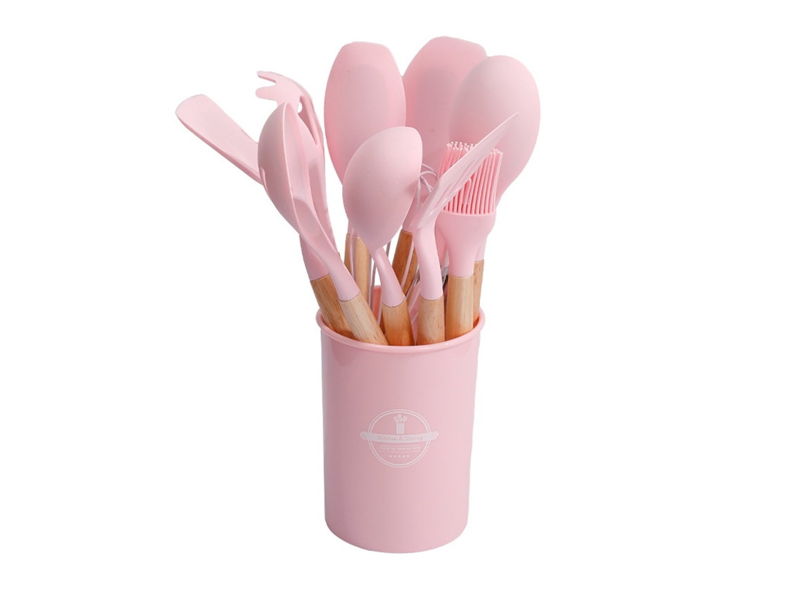 Juego de utensilios de cocina de silicona rosa de 12 piezas con mango de madera y espátulas resistentes al calor (lavables a máquina).
