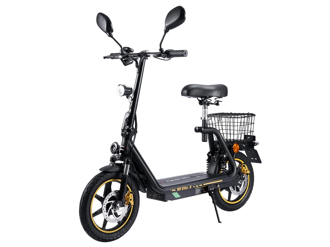 Patinete eléctrico Twofish M5 Elite-e, homologado, con asiento y cesta, 500 W, 48 V, 13 Ah, 40 km/h, 30 km de autonomía, frenos de disco dobles, suspensión - Negro